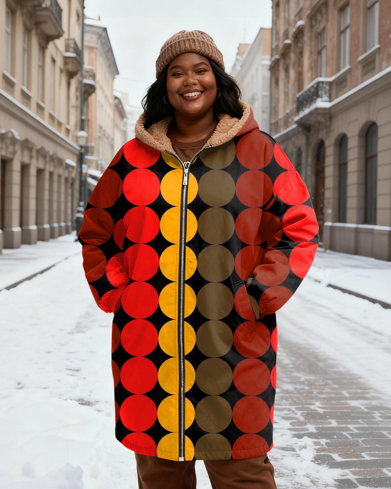 Women's Red Yellow Green Black Contrast Wave Dot Print Velvet Thickened Long Hooded Coat