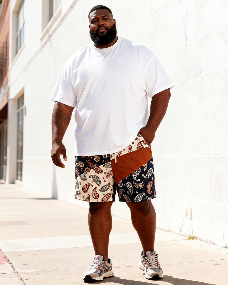Big & Tall Men's Vintage Cashew Flower POLO Letter Printed Round Neck Short Sleeve T-Shirt Shorts Set