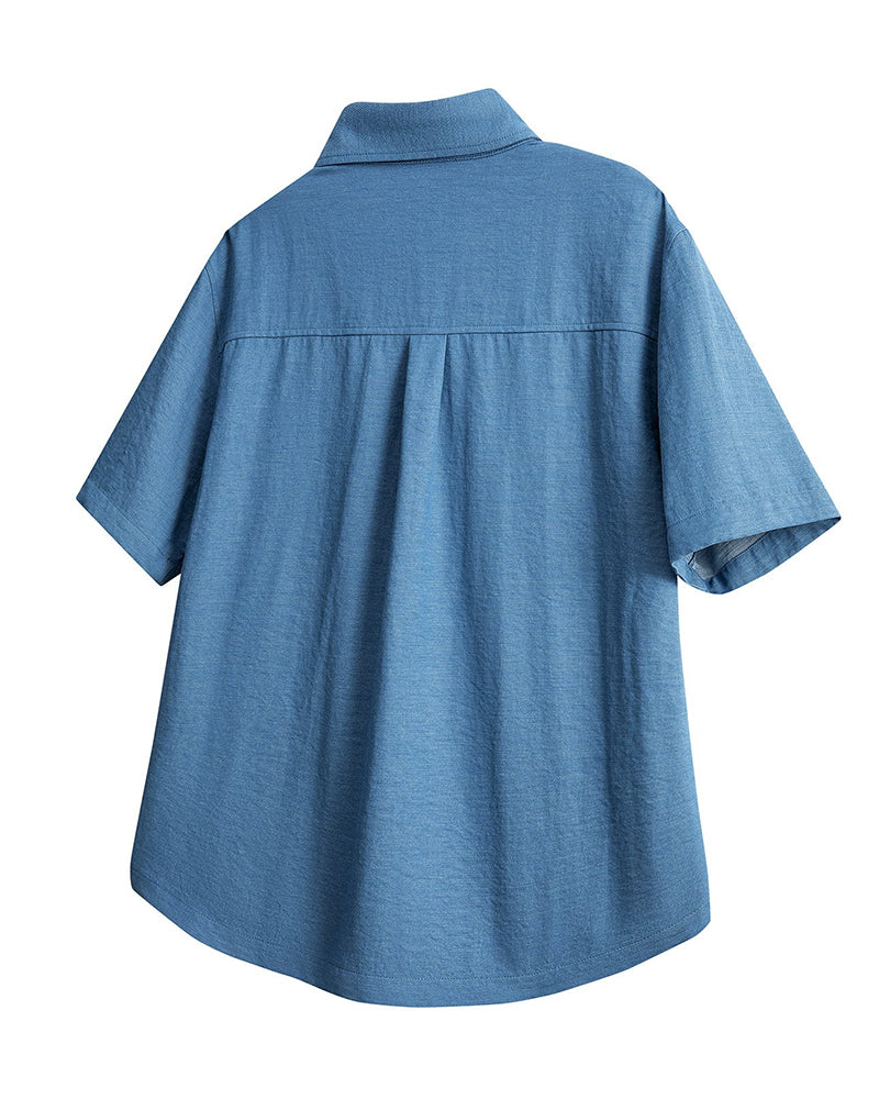 M-8XL Men's Solid Color Denim Short Sleeve Shirt