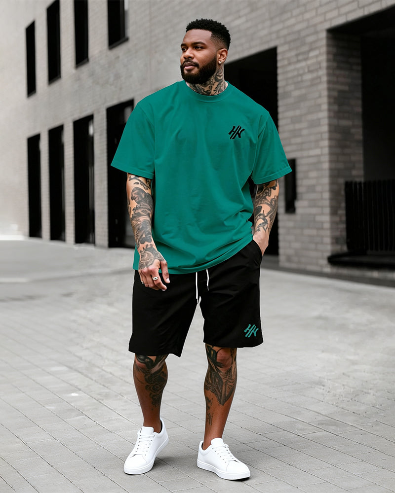 Big & Tall Men's Dark Brown Letter Print Round Neck Short Sleeve T-Shirt and Shorts Set