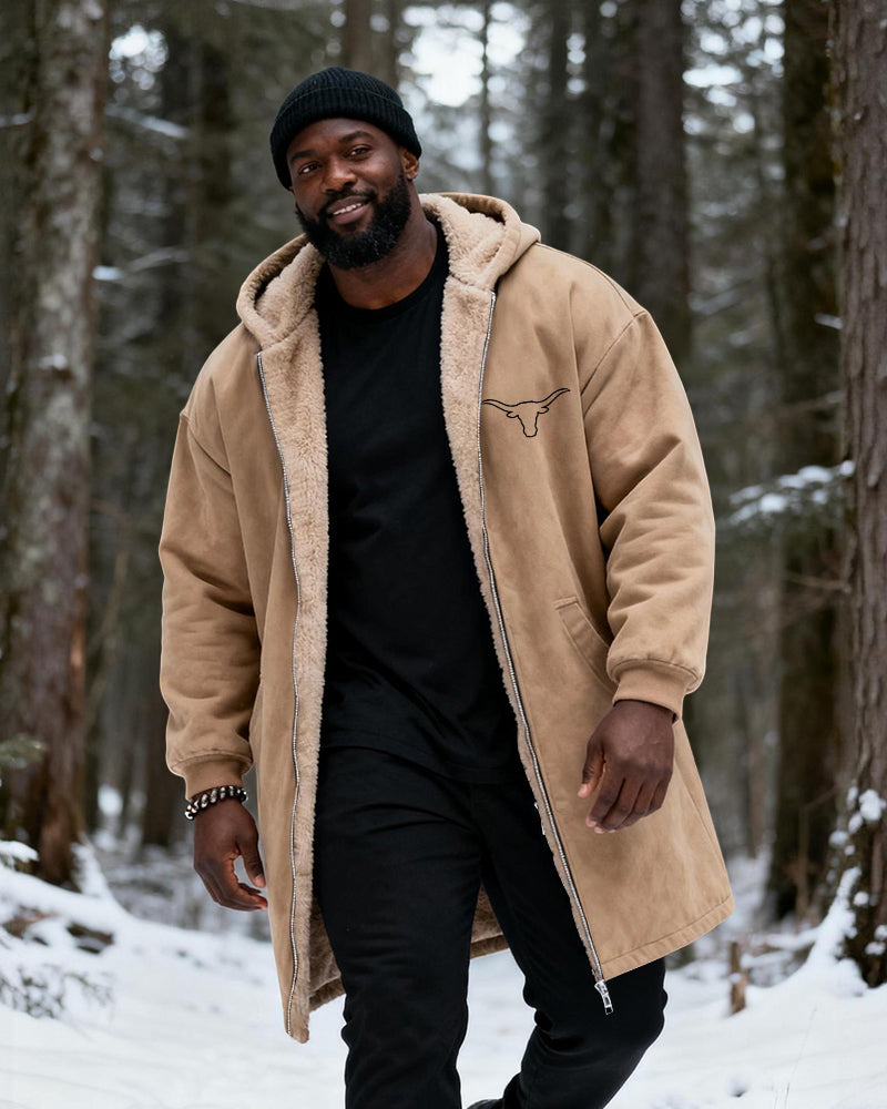 Big & Tall Men's Hunting Style Bull Totem Print Velvet Thickened Long Hooded Coat