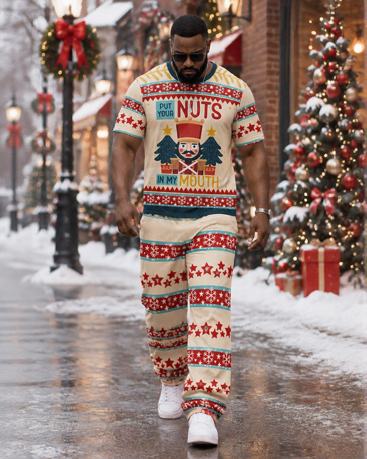 Big & Tall Men's Funny Christmas Put Your Nuts in My Mouth T-Shirt And Pants Set