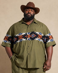 Big & Tall Men's Army Green Navajo Tribe Silhouette Print Short Sleeve Shirt Pants Set