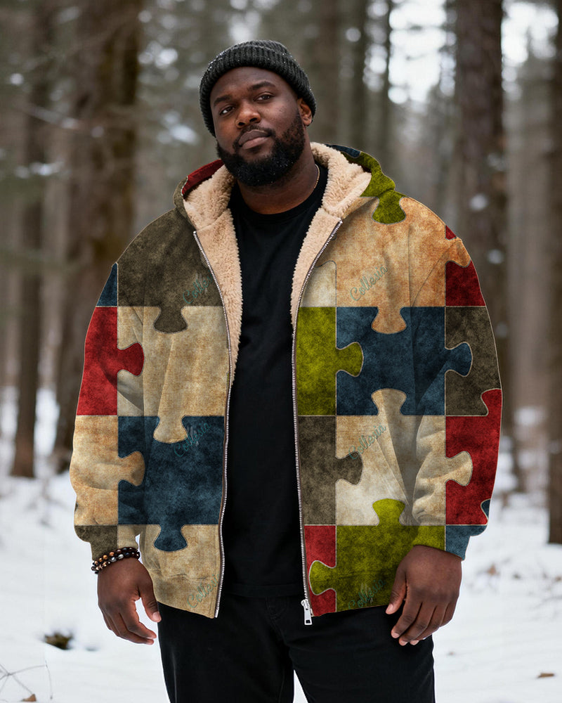 Big & Tall Men's Multicolor Puzzle Print Velvet Thickened Zip Hoodie