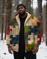 Big & Tall Men's Multicolor Puzzle Print Velvet Thickened Zip Hoodie