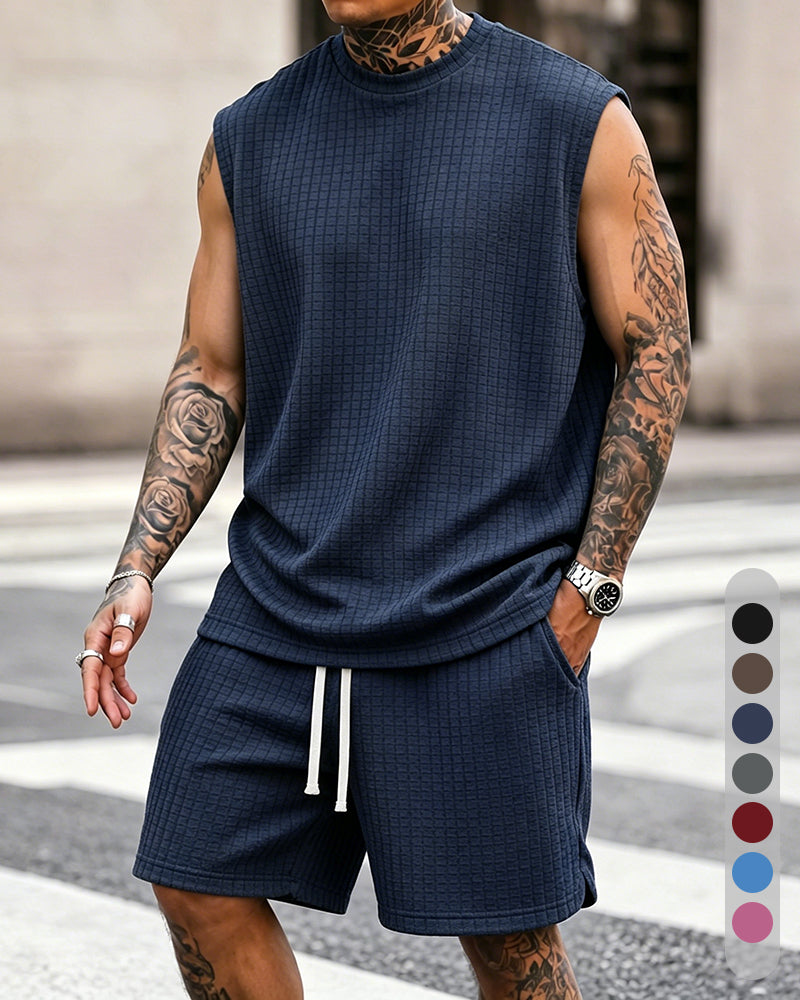 S-8XL Men's Solid-Color Ribbed Sleeveless Vest and Shorts Two-Piece Set