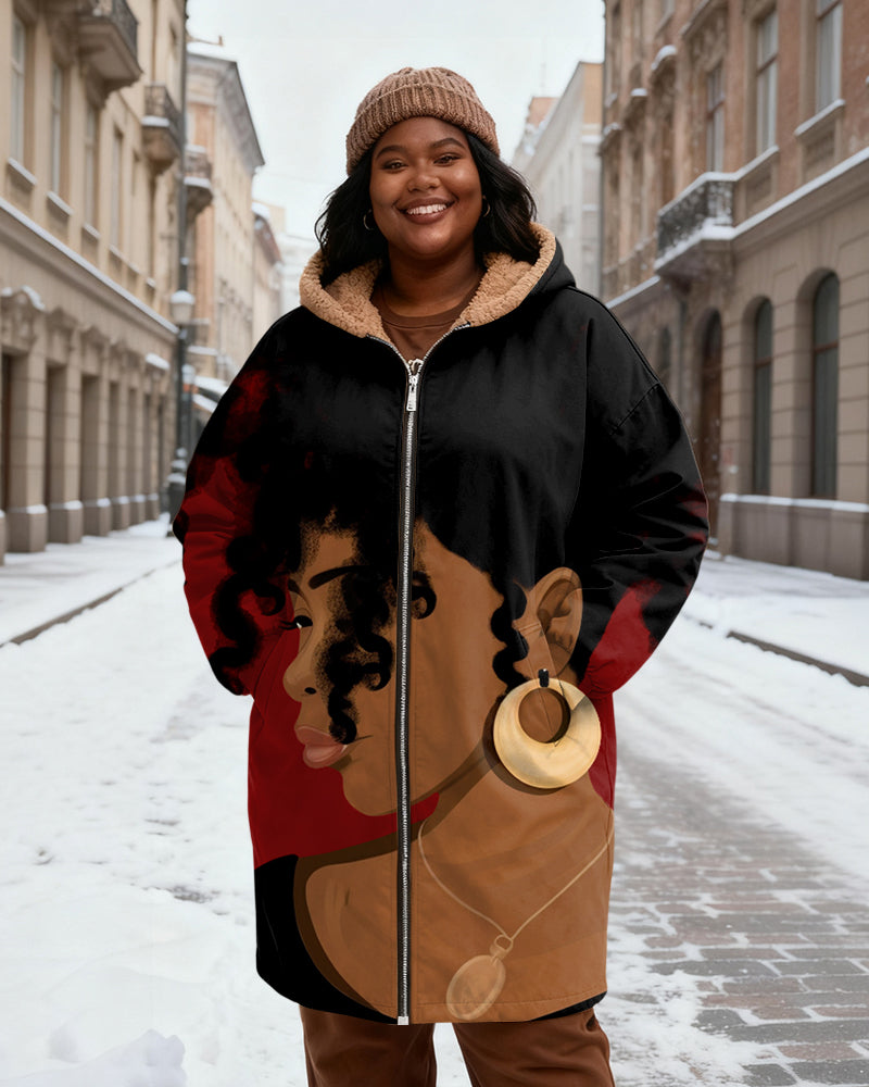 Women's Black And Red Contrast Women's Portrait Print Velvet Thickened Long Hooded Coat