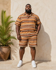 Big & Tall Men's Retro Brown Geometric Wave Print Short Sleeve Shirt And Shorts Set