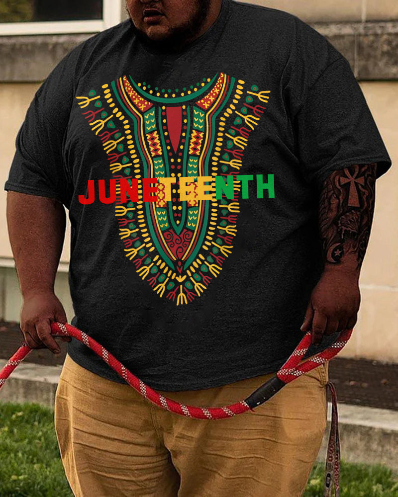 Big & Tall Men's Black And Yellow African Totem JUNETEENTH Print Round Neck Short Sleeve T-Shirt