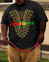 Big & Tall Men's Black And Yellow African Totem JUNETEENTH Print Round Neck Short Sleeve T-Shirt