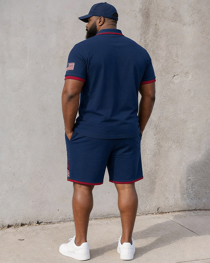 Big & Tall Men's Flag Rocket Print POLO Short Sleeve Shorts Set