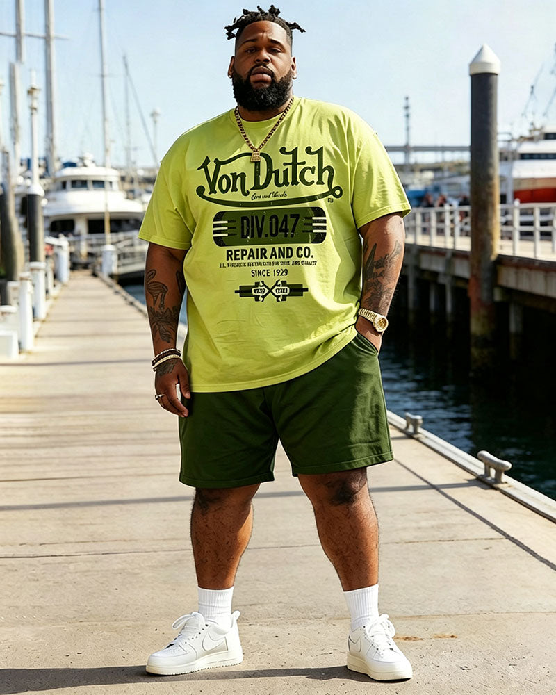 Big & Tall Men's American Vintage Von Dutch Printed Round Neck Short Sleeve T-Shirt and Shorts Set
