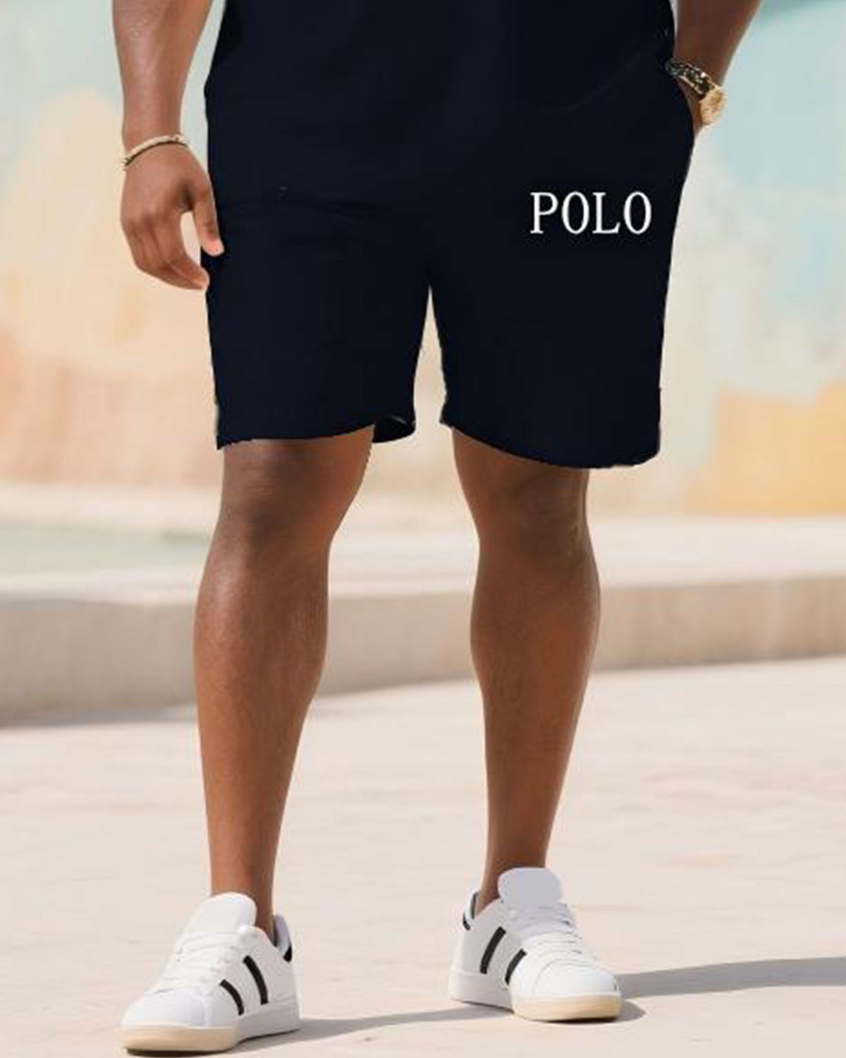 Men's large size Dark Blue Daily Simple Casual Short-sleeved polo shorts set