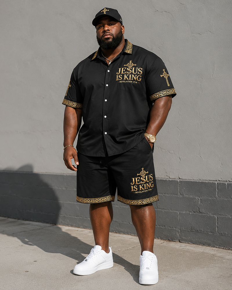 Big & Tall Men's JESUS IS KING Letter And Cross Print Short-Sleeve Shirt And Shorts Set