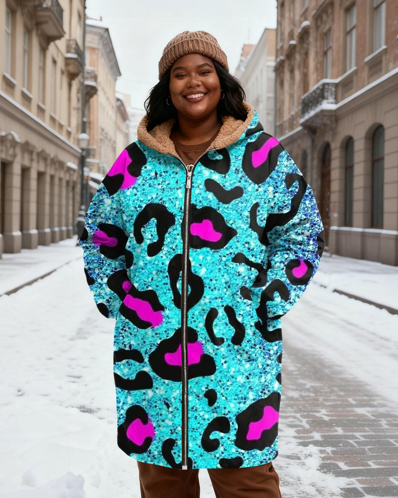 Women's Blue Powder Leopard Sequin Print Velvet Thickened Long Hooded Coat