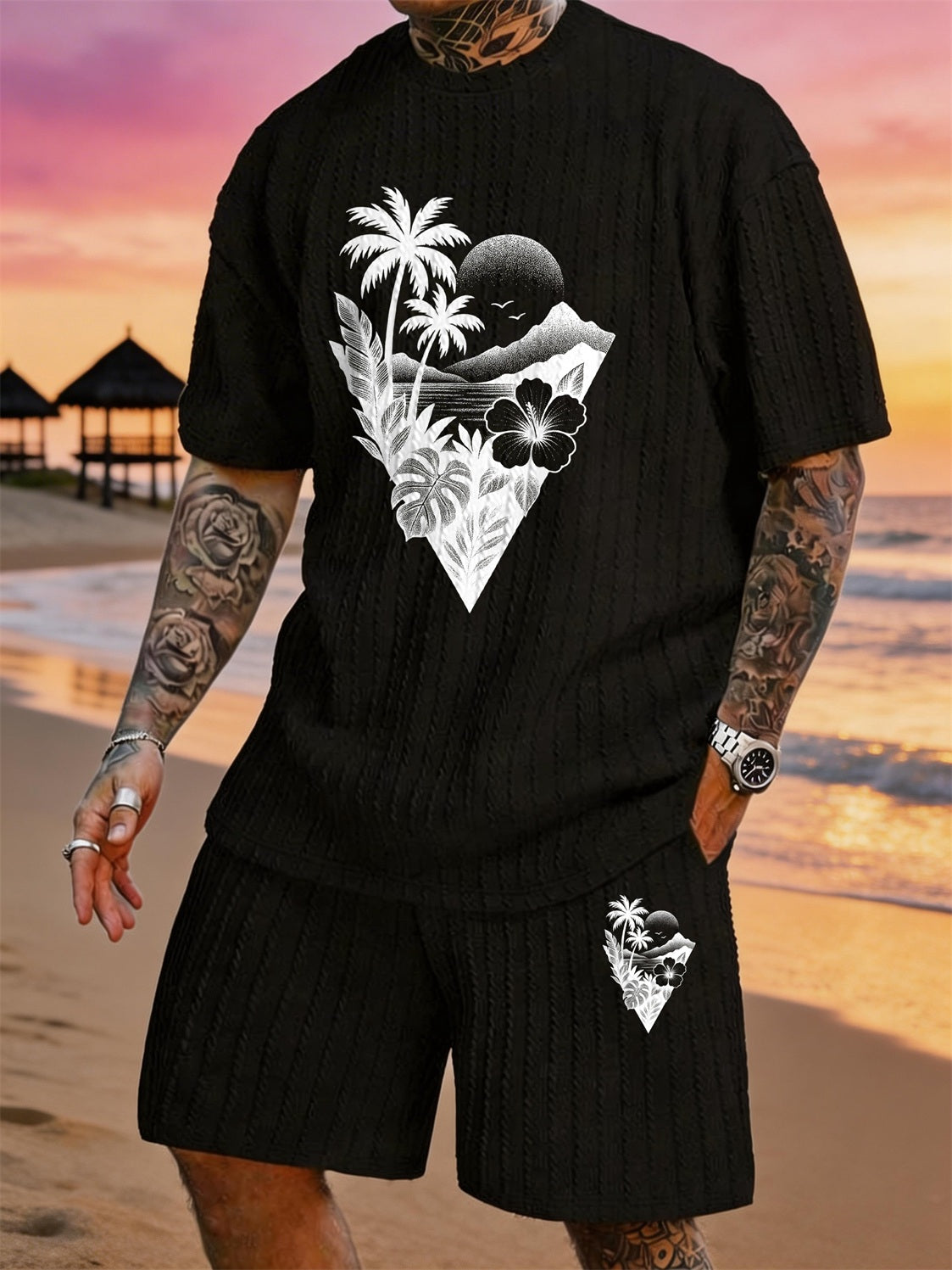 Island Triangle Coconut Grove Tree Print Textured Fabric Plus-Size Resort Set