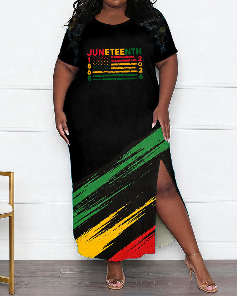 Women's Large Size Juneteenth 1865 American Flag Printed Side Slit Short Sleeve Dress