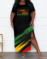 Women's Large Size Juneteenth 1865 American Flag Printed Side Slit Short Sleeve Dress