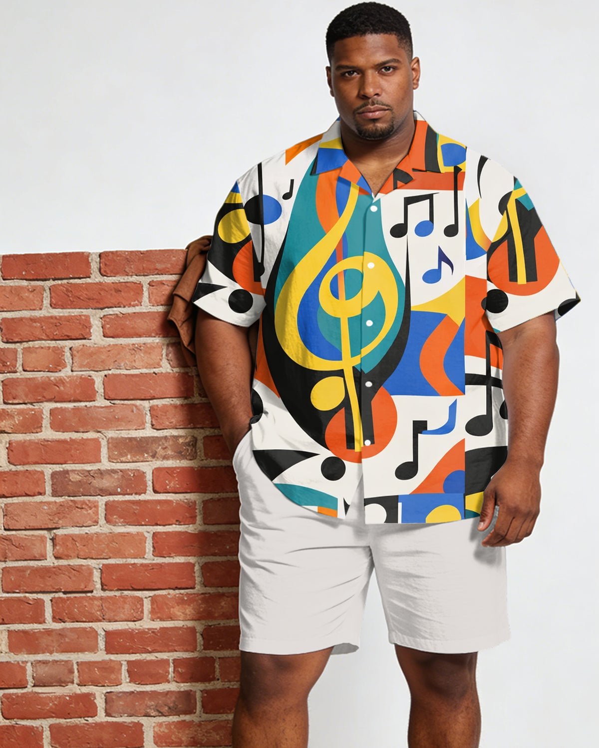 Big & Tall Men's Colorful Music Festival Printed Short Sleeve Shirt Shorts Set