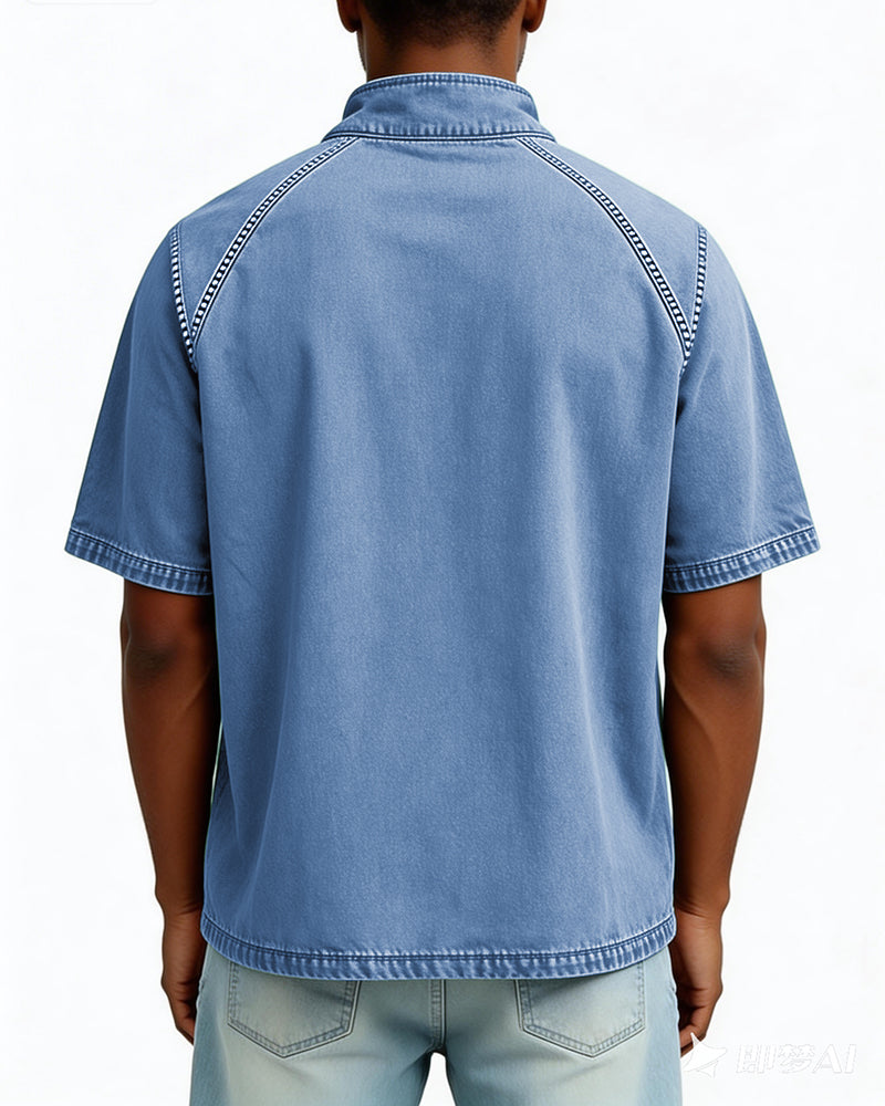 S-4XL Solid Color American Style Wash Pure Cotton Half Zip Short Sleeve Polo Shirt