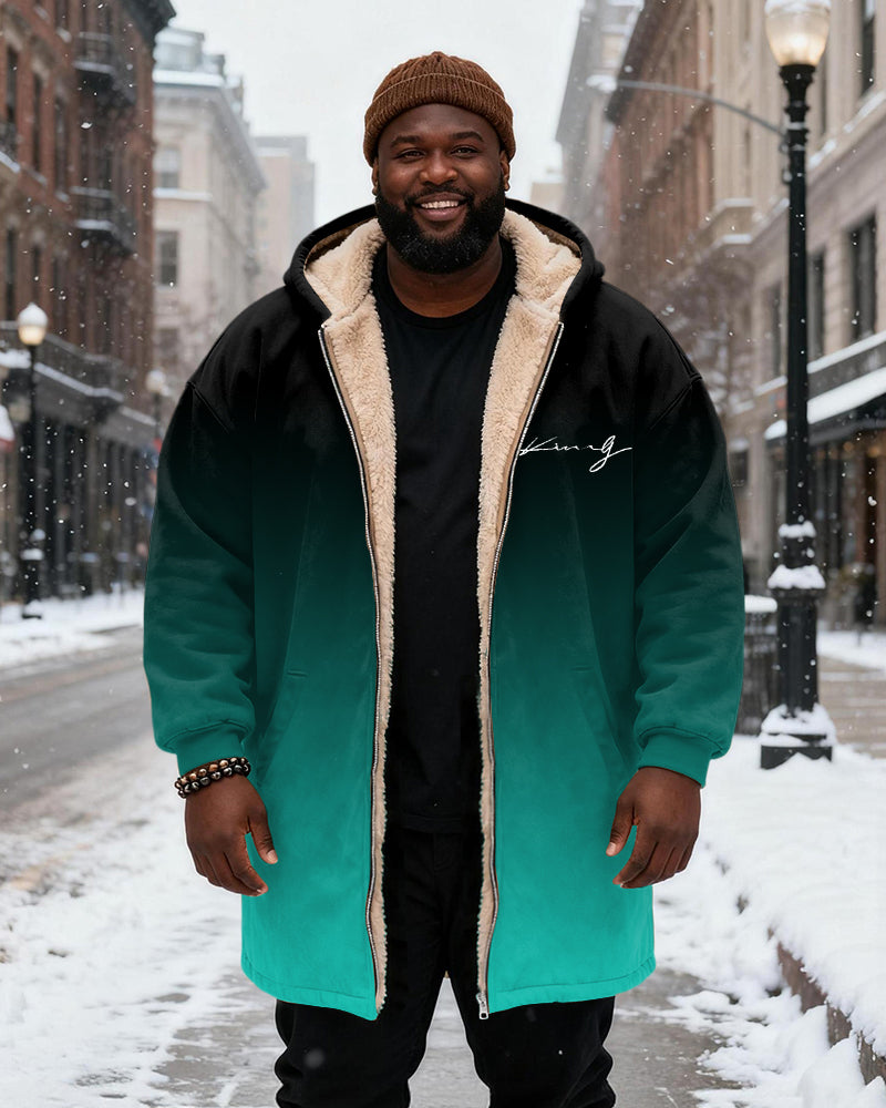 Big & Tall Men's Gradient King Alphabet Printed Velvet Thickened Long Hooded Exterior
