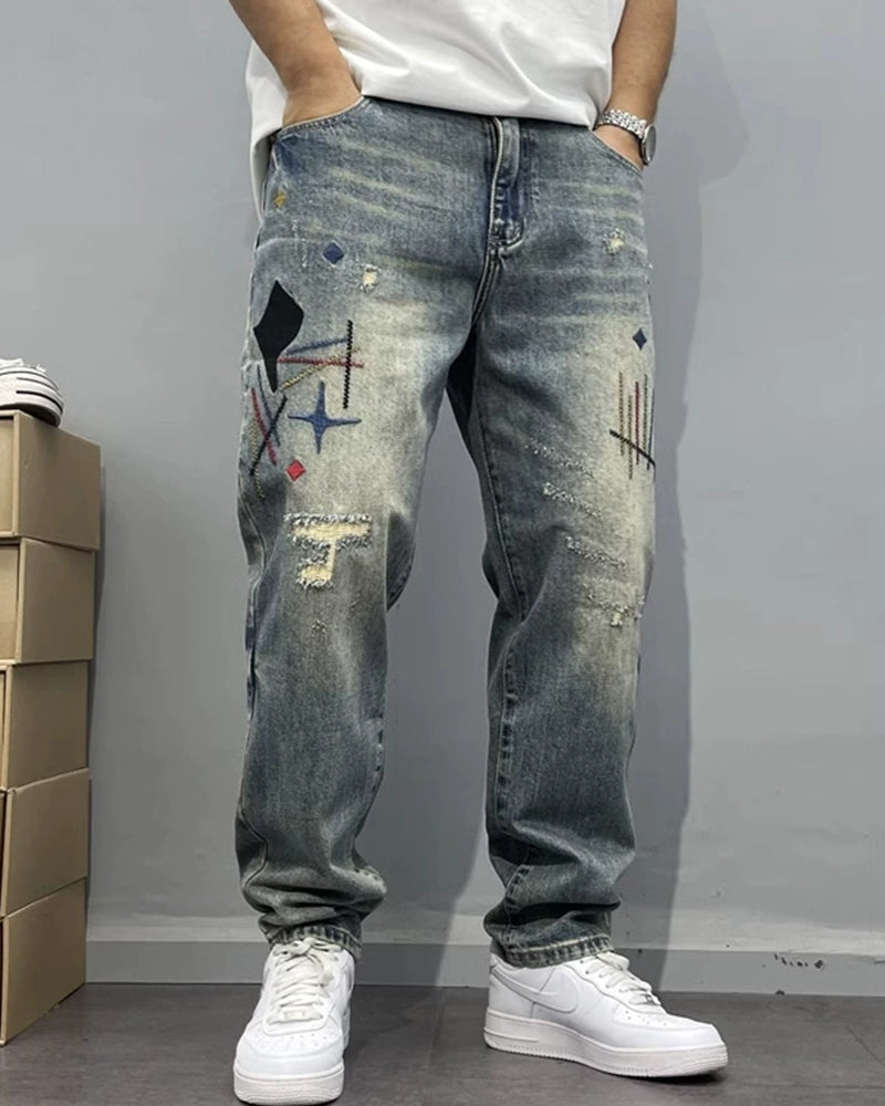 Washed Scraping Denim Patch Embroidered Printed Jeans