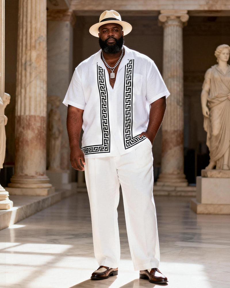 Big & Tall Men's White And Black Greek Printed Short Sleeve Shirt Trousers Set