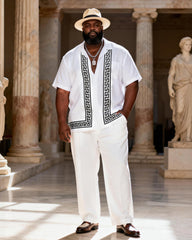 Big & Tall Men's White And Black Greek Printed Short Sleeve Shirt Trousers Set