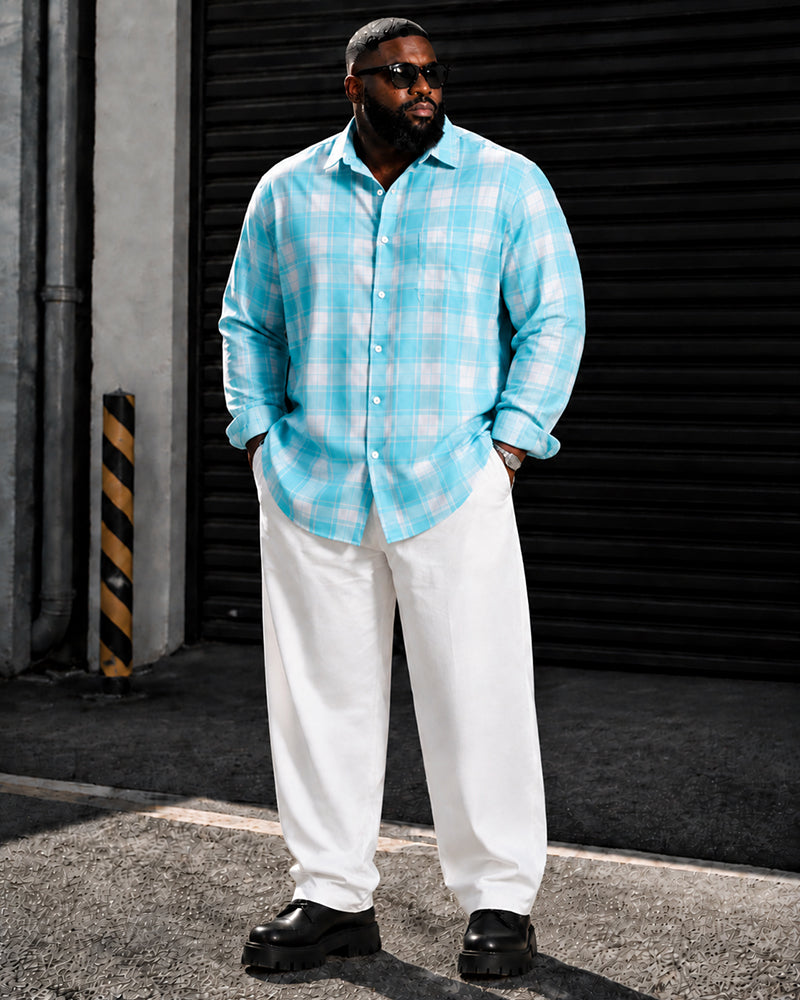 Big & Tall Men's Light Blue Plaid Print Long Sleeve Shirt Pants Set