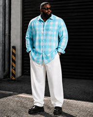 Big & Tall Men's Light Blue Plaid Print Long Sleeve Shirt Pants Set