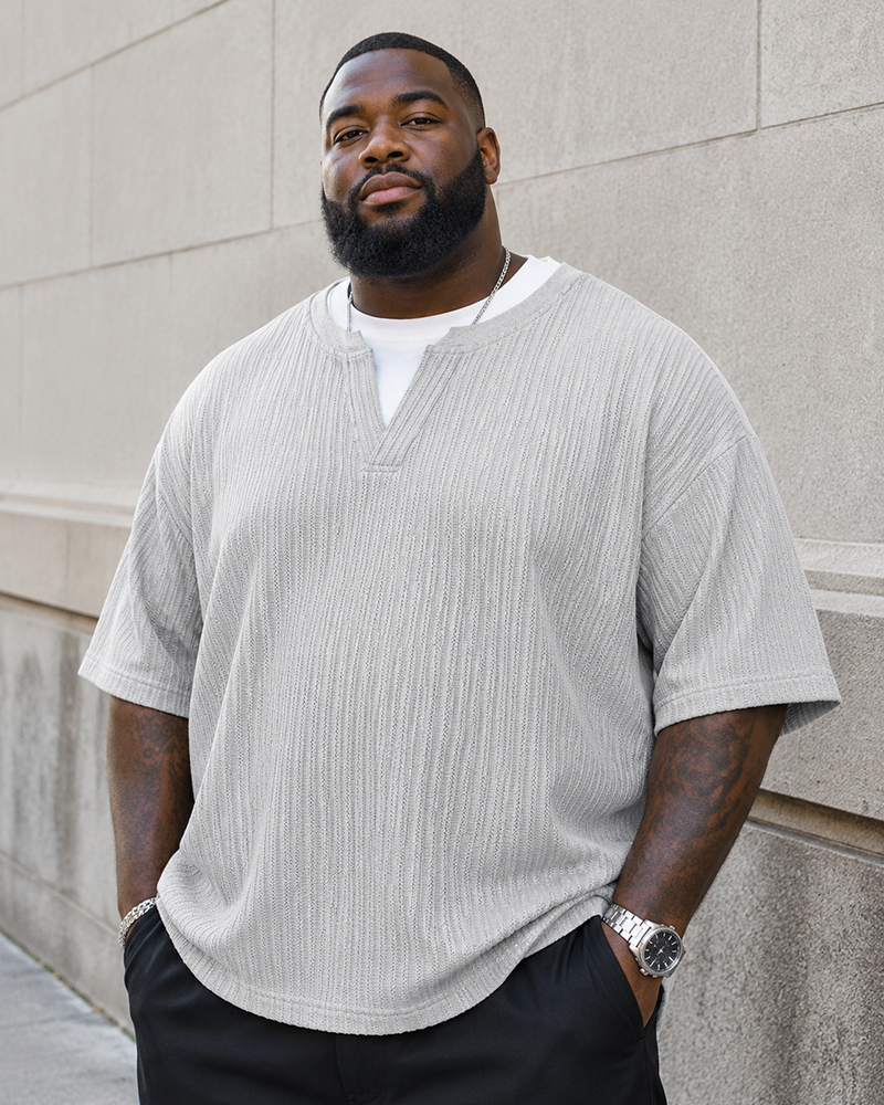 M-8XL Fake Two-Piece Henry Collar Short-Sleeve Tee