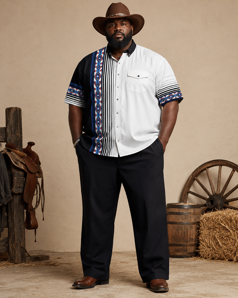 Big & Tall Men's Black And White Contrast Navajo Striped Printed Short Sleeve Shirt Pants Set