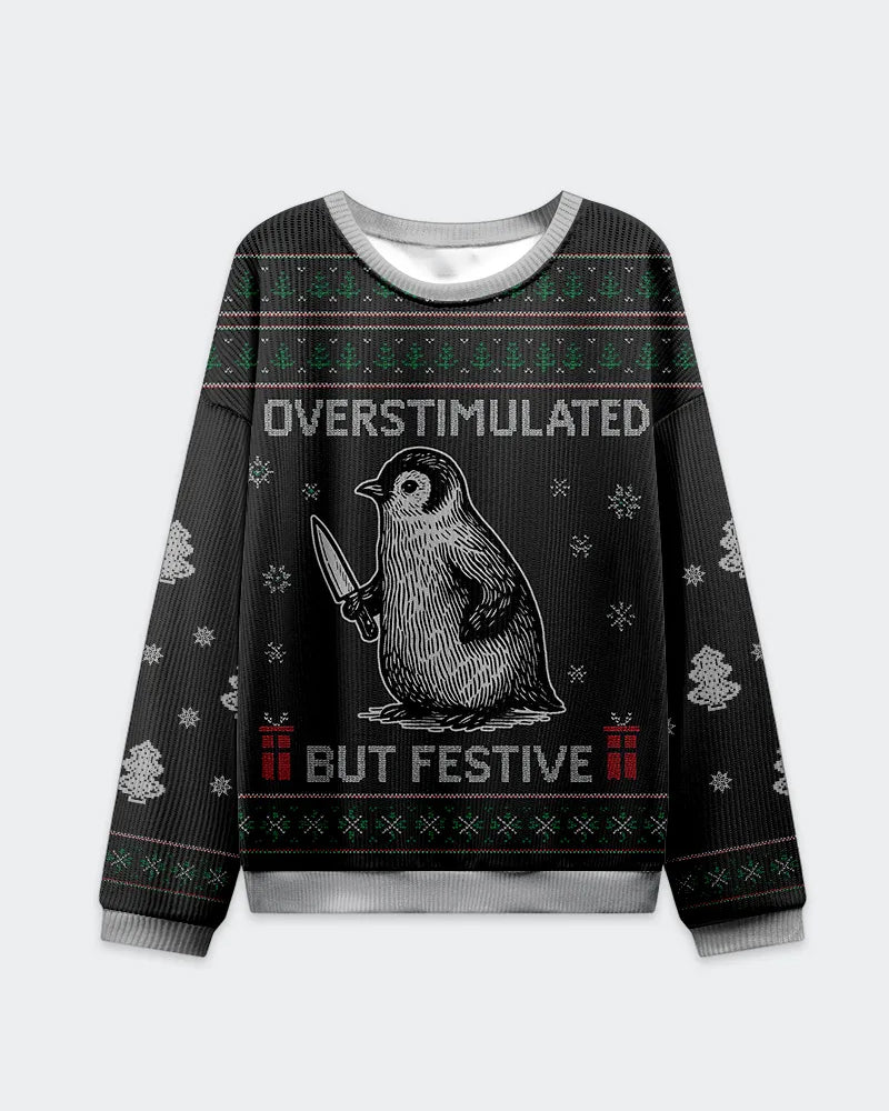Big & Tall Men's Christmas Black Penguin Graffiti Print Crewneck Ugly Sweater