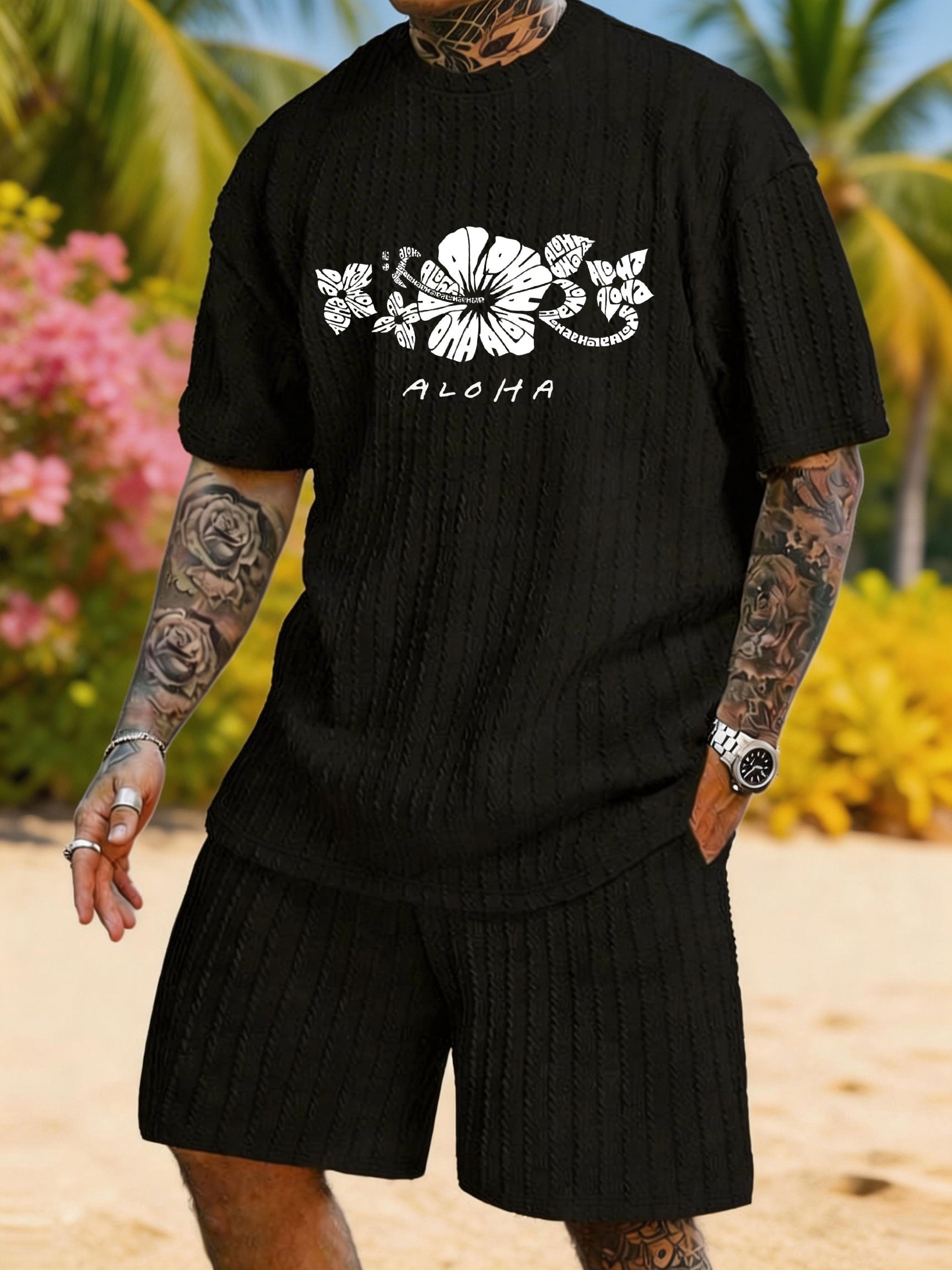 ALOHA Althea Flower Printed Texture Large Size Vacation Suit