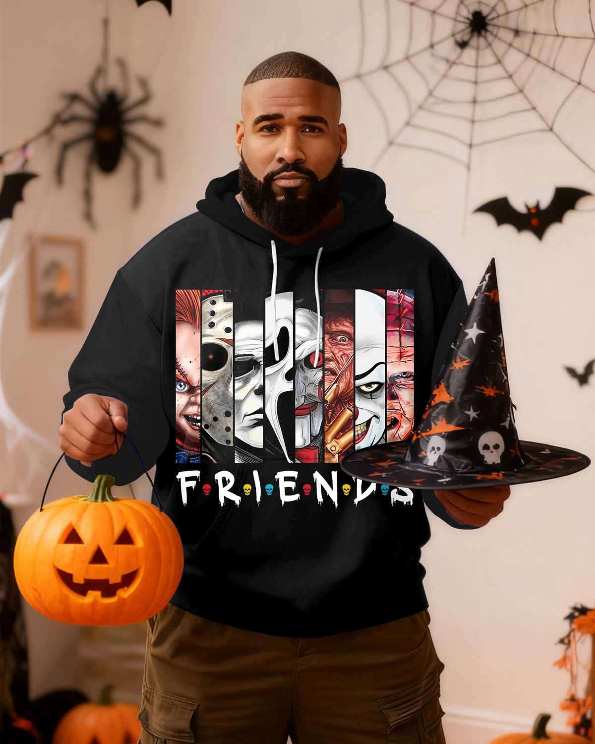 Big & Tall Men's Halloween Horror Friends Print Long Sleeve Hoodie