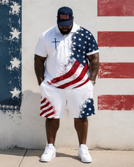 Big & Tall Men's Splash Ink Flag Cross Printed POLO Short Sleeve Shorts Set