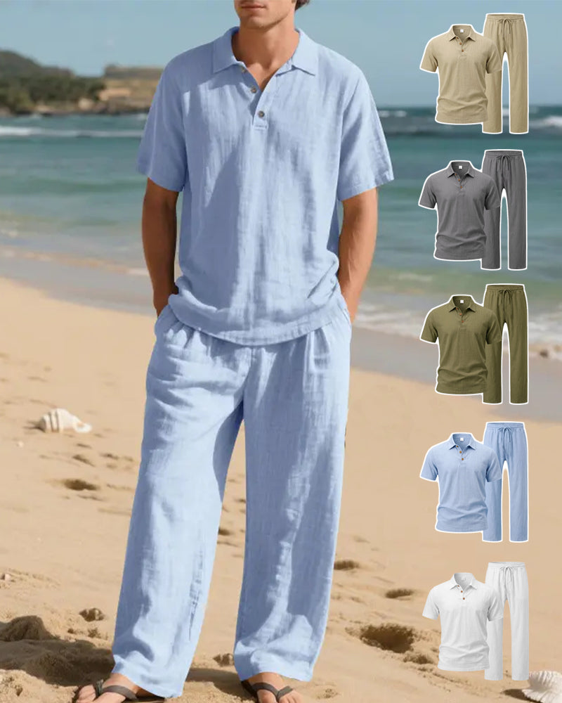 S-3XL Linen Lapel Short Sleeve Trousers Casual Suit