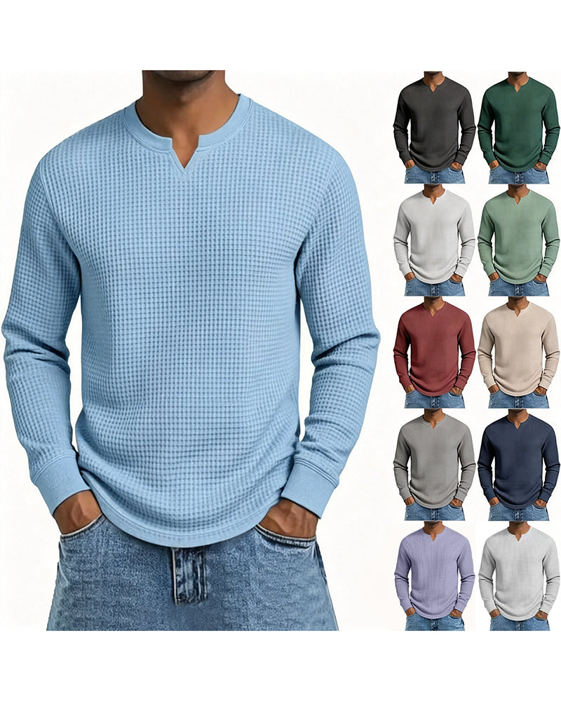 S-5XL Waffle-Weave Slim-Fit Long-Sleeve V-Neck T-Shirt