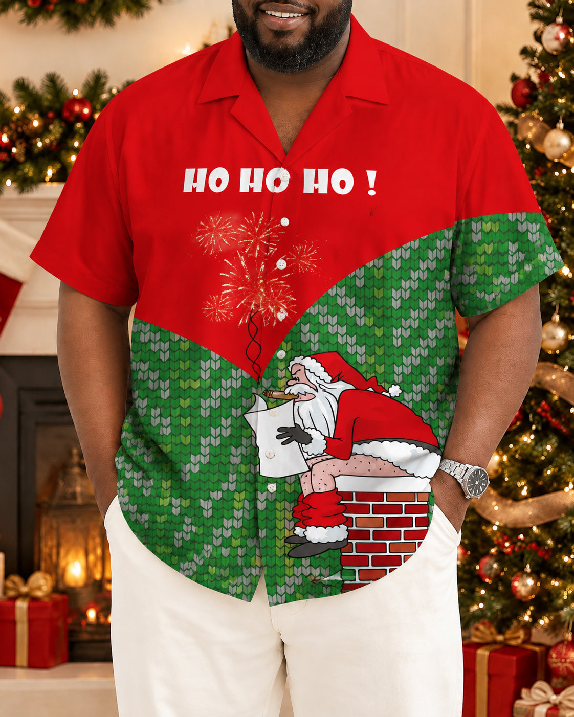 Big & Tall Men's Christmas Funny Santa Claus Printed Short Sleeve Shirt