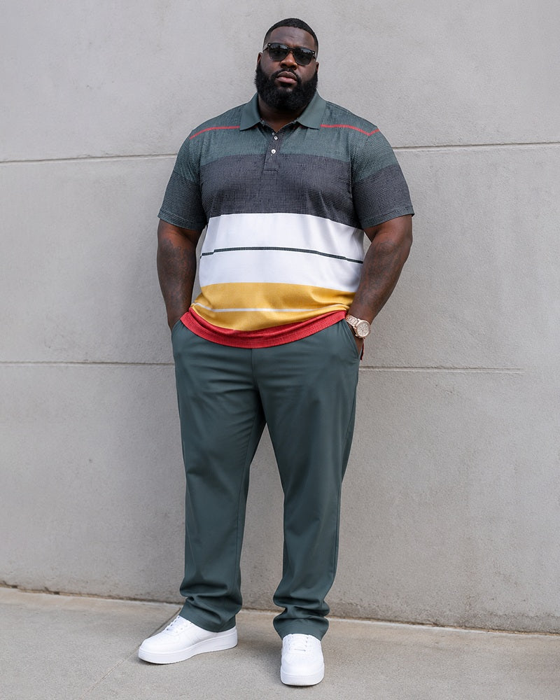 Big & Tall Men's Stripe Contrast Printed Polo Short Sleeve Pants Set