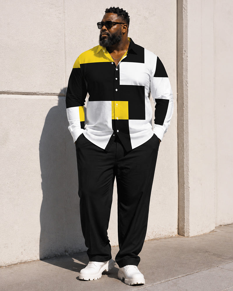 Big & Tall Men's Yellow Black And White Square Print Long Sleeve Shirt Pants Set