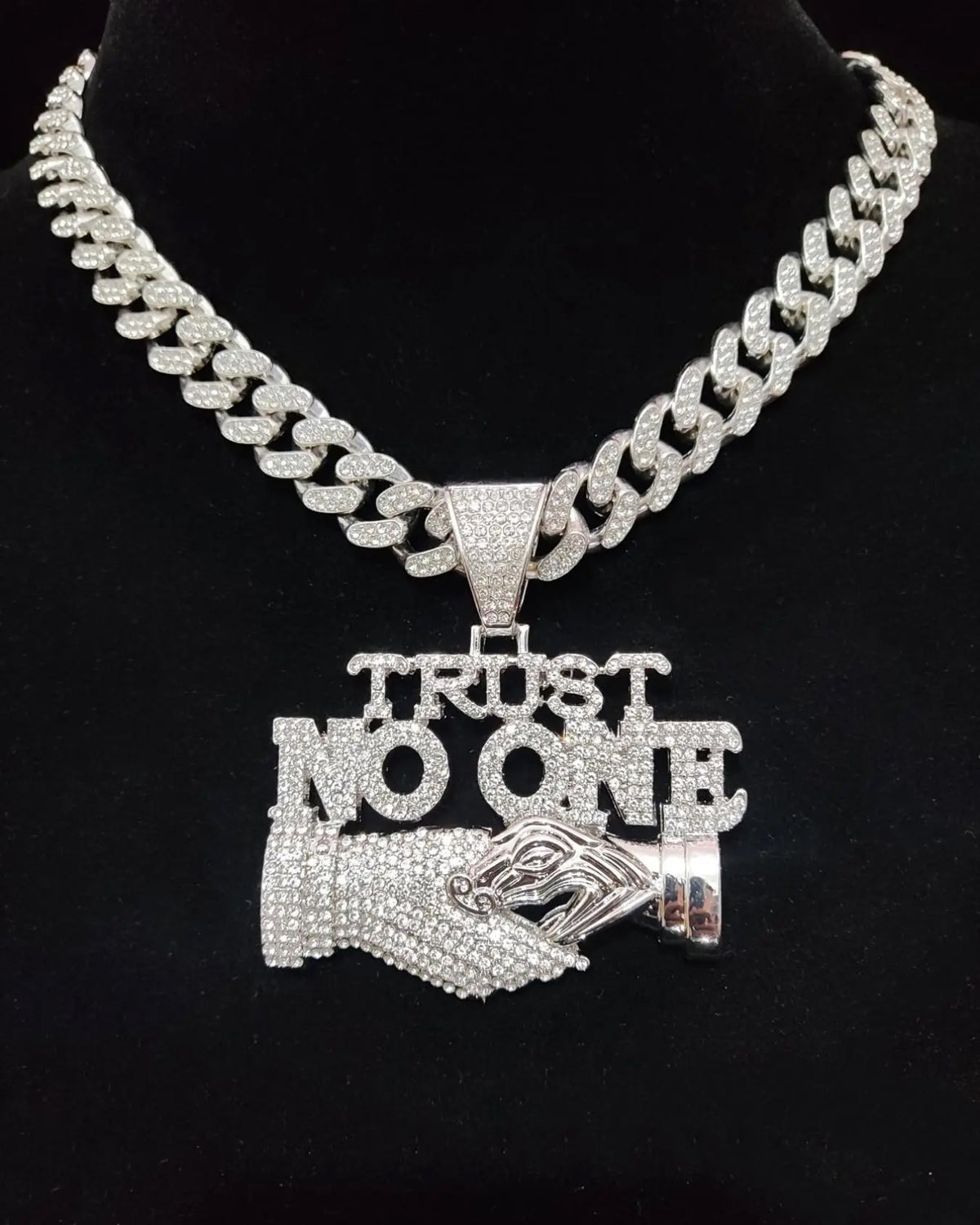 Big & Tall Men's Rhinestone Decorated Cuban Link Chain Necklace with Letter Handshake Shaped Pendant Design