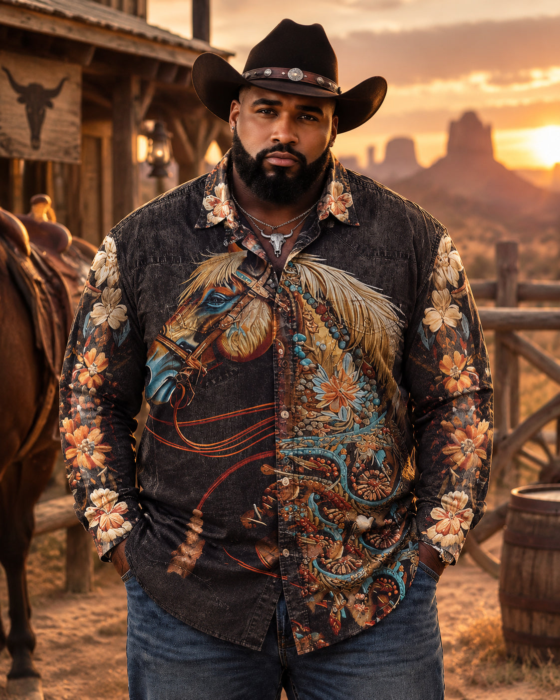 Big & Tall Men's Vintage Floral and Horse-head Print Long Sleeve Shirt