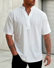 2XL-6XL Solid Color Knitted Water Soluble Jacquard Button Sleeve Men's Shirt