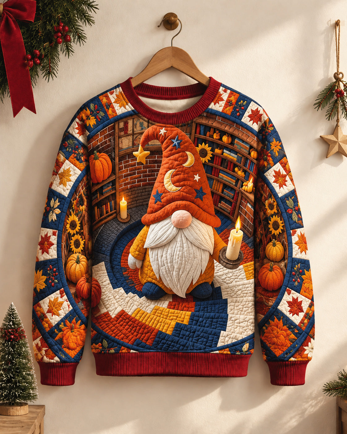 Big & Tall Men's Christmas Pumpkin Gnome Quilted Sweatshirt