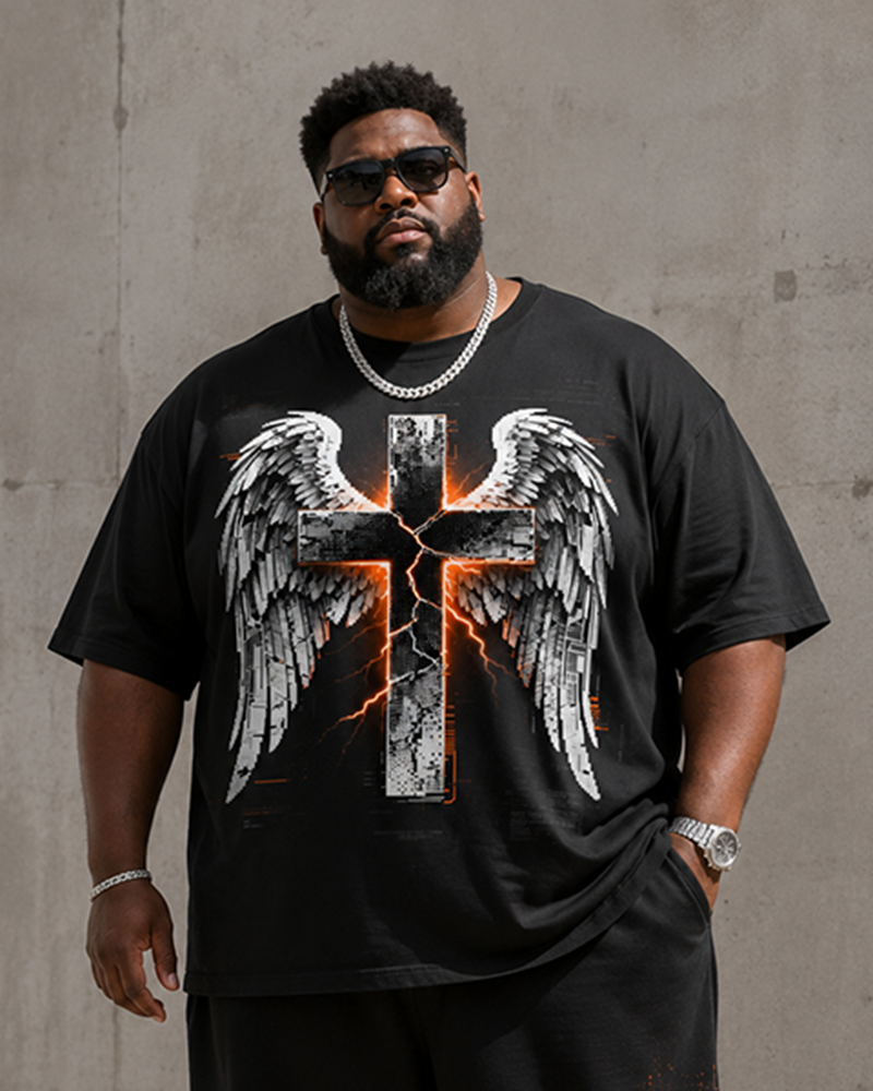 Big & Tall Men's Broken Wings Cross Lightning Print T-Shirt Pants Set