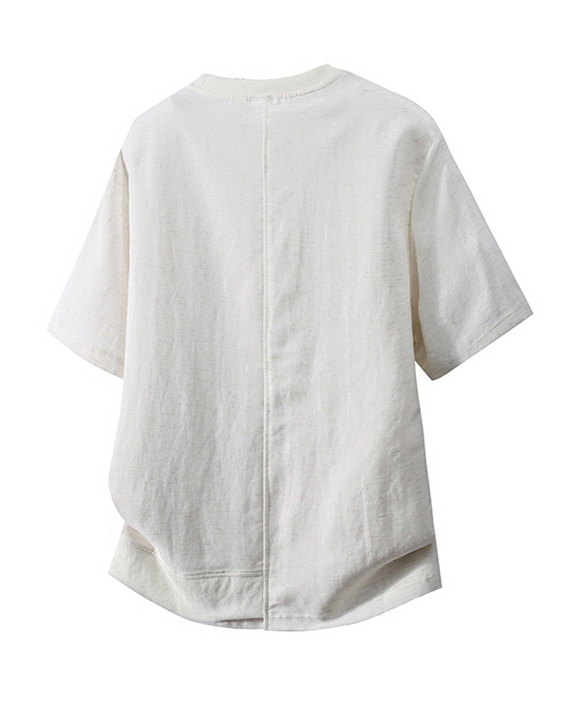 L-9XL Solid Color Striped Double-sided Cotton Round Neck Short Sleeve T-shirt