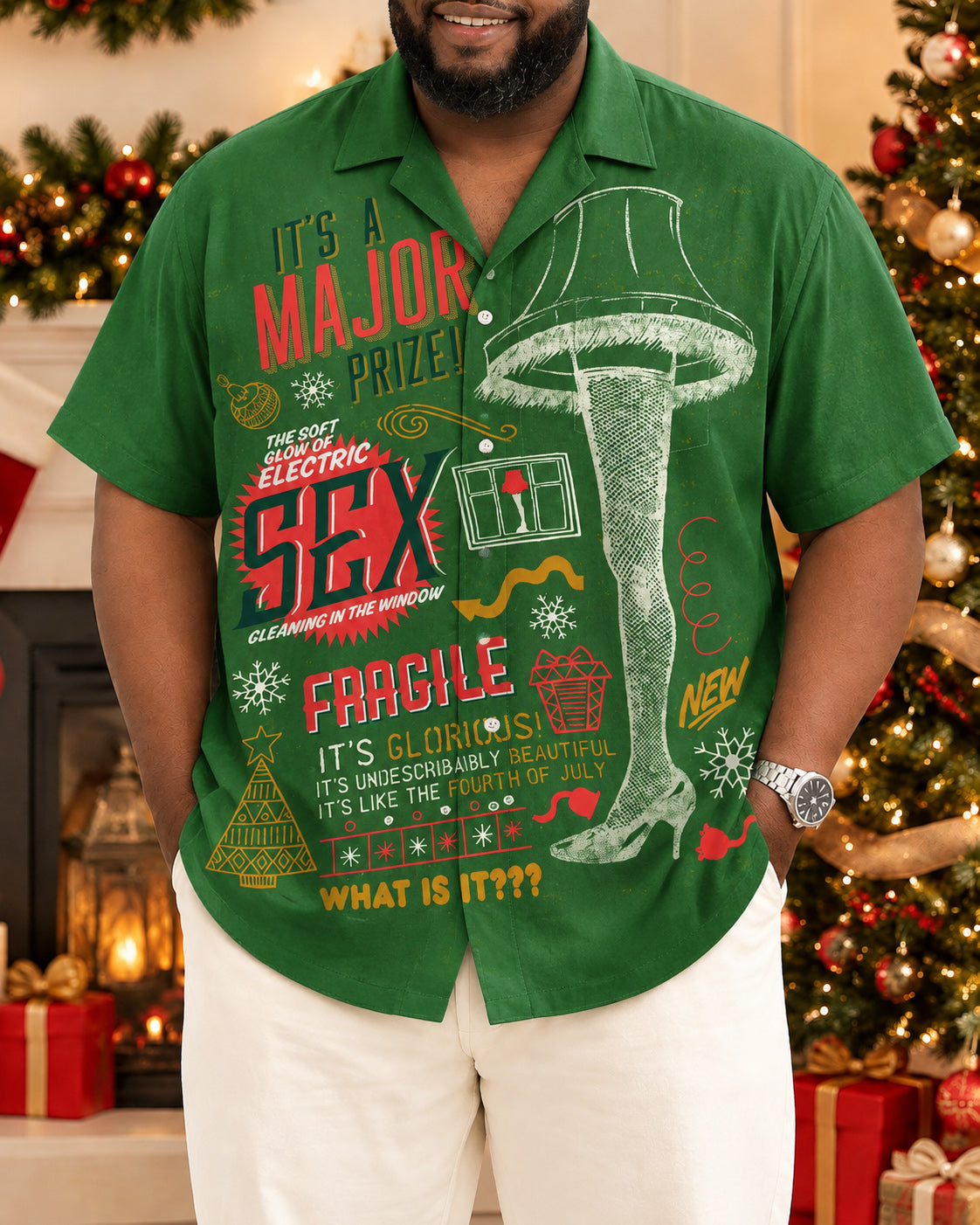 Big & Tall Men's Christmas Fun Graffiti Print Short Sleeve Shirt