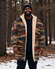 Big & Tall Men's Hunting Style Multicolor Camouflage Texture Print Velvet Thickened Long Hooded Exterior