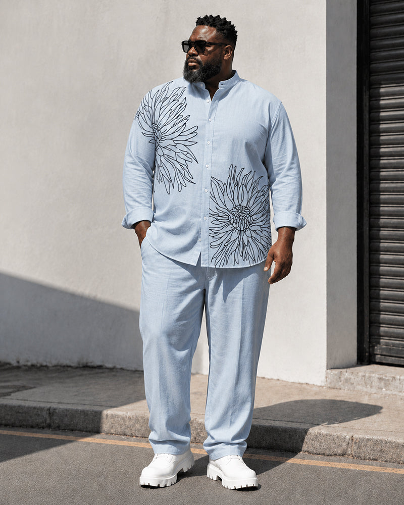 Big & Tall Men's Line Drawing Floral Print Stand Collar Long Sleeve Shirt Trousers Set